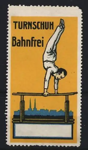 Reklamemarke Bahnfrei, Turnschuhe, Turner auf Barren