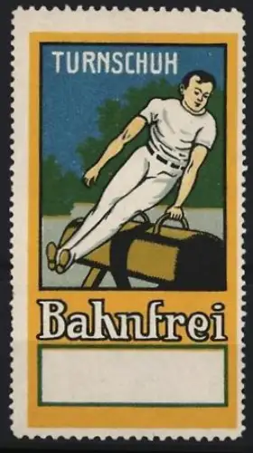 Reklamemarke Bahnfrei, Turnschuhe, Turner auf Pauschenpferd