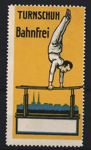 Reklamemarke Bahnfrei, Turnschuhe, Turner auf Barren