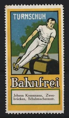 Reklamemarke Zweibrücken, Johann Kressmann, Bahnfrei, Turnschuhe, Turner auf dem Pferd