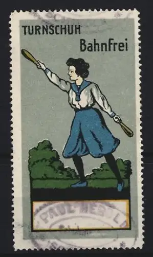 Reklamemarke Bahnfrei, Turnschuhe, Frau mit Keule