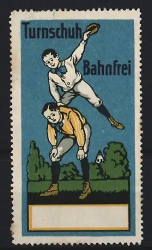 Reklamemarke Bahnfrei, Turnschuhe, Turnübung im Freien