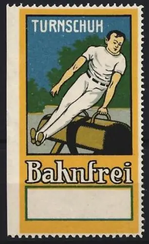 Reklamemarke Bahnfrei, Turnschuh, Turner am Barren