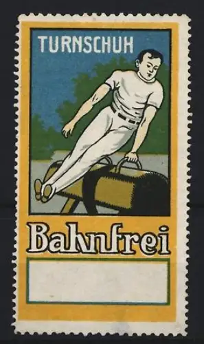 Reklamemarke Bahnfrei, Turnschuhe, Turner auf Pferd