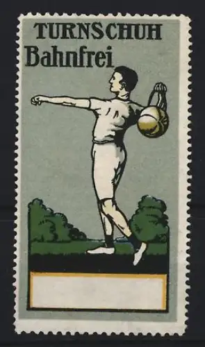 Reklamemarke Bahnfrei, Turnschuhe, Sportler mit Ball