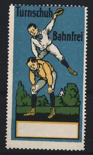 Reklamemarke Bahnfrei, Turnschuhe, Jungs beim Bockspringen