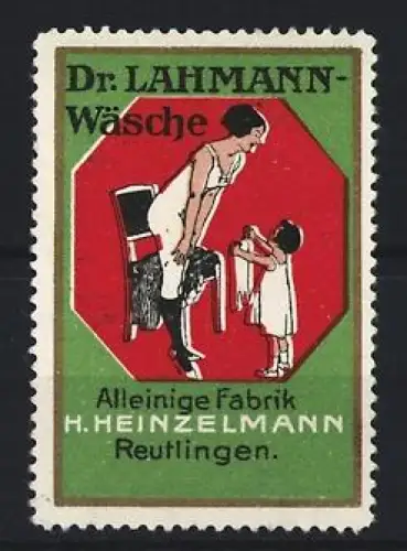 Reklamemarke Reutlingen, H. Heinzelmann, Dr. Lahmann Unterwäsche, Frau mit Kind