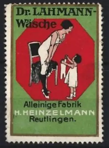 Reklamemarke Reutlingen, H. Heinzelmann, Dr. Lahmann Unterwäsche, Frau mit Kind