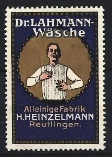 Reklamemarke Reutlingen, H. Heinzelmann, Dr. Lahmann unterwäsche, Mann in Unterhemd