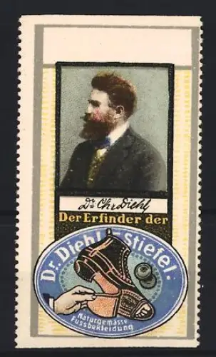 Reklamemarke Dr. Diehl, Stiefel, Stiefel und Portrait