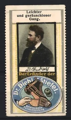 Reklamemarke Dr. Diehl, Stiefel, Stiefel und Portrait
