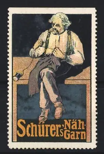 Reklamemarke Schürer, Nähgarn, Schneider mit Nadel und Faden