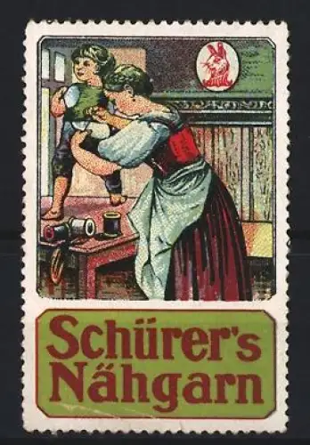 Reklamemarke Schürer, Nähgarn, Mutter mit Kind beim Nähen