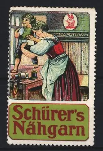 Reklamemarke Schürer, Nähgarn, Mutter mit Kind beim Nähen