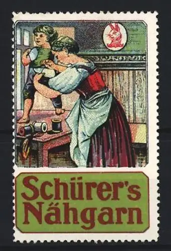 Reklamemarke Schürer, Nähgarn, Mutter mit Kind beim Nähen