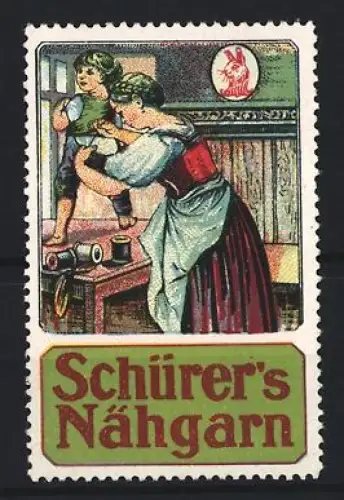 Reklamemarke Schürer, Nähgarn, Mutter mit Kind und Nähutensilien