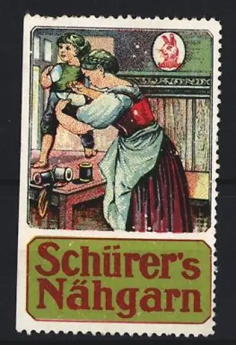 Reklamemarke Schürer, Nähgarn, Mutter mit Kind an Nähmaschine