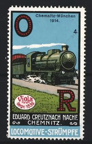 Reklamemarke Chemnitz, Eduard Creutznach Nachf., Strumpffabrik, Lokomotive