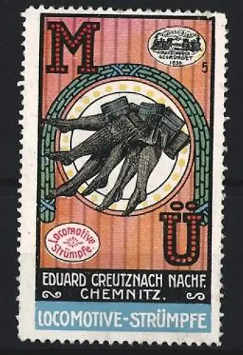 Reklamemarke Chemnitz, Eduard Creutznach Nachf., Strumpffabrik, Beine mit Strümpfen