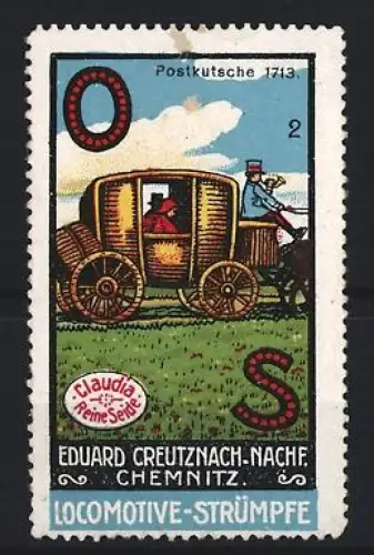 Reklamemarke Chemnitz, Eduard Creutznach Nachf., Strumpffabrik, Postkutsche