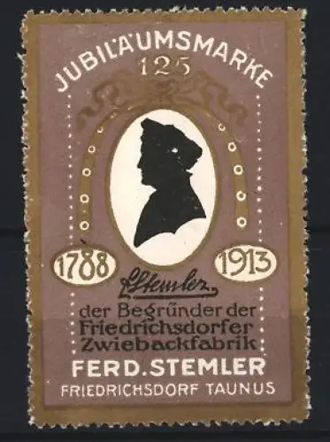 Reklamemarke Friedrichsdorf, Ferd. Stemler, Zwiebackfabrik, Silhouette von Ferd. Stemler