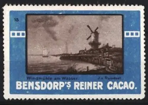 Reklamemarke Bensdorp, Kako und Schokolade, Windmühle am Wasser