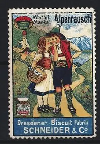 Reklamemarke Dresden, Dresdner Biscuit-Fabrik Schneider & Co, Alpenrausch Waffel Marke, Kinder in Tracht