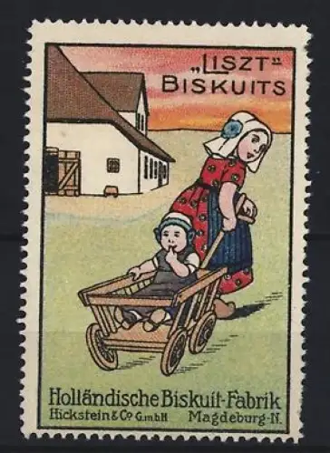 Reklamemarke Magdeburg, Holländische Biskuit-Fabrik Hickstein & Co., Liszt Biskuits, Kind im Handwagen