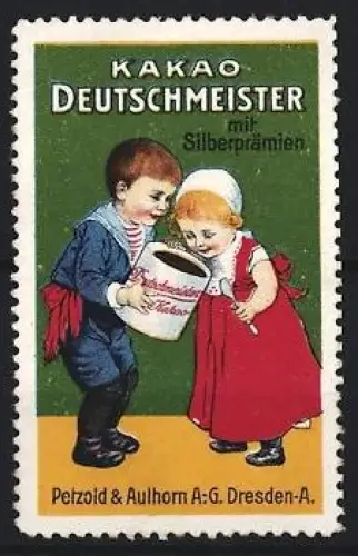 Reklamemarke Dresden, Petzold & Aulhorn AG, Kakao Deutschmeister, Kinder mit Kakaodose