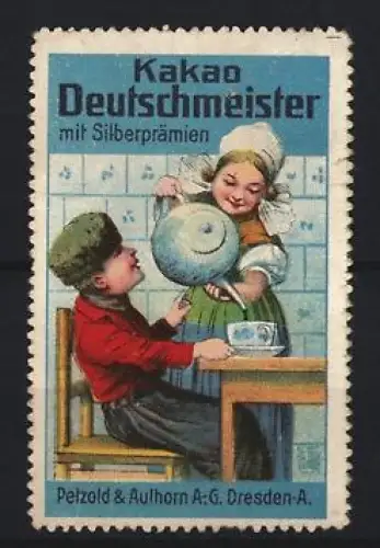 Reklamemarke Dresden, Petzold & Aulhorn AG, Kakao Deutschmeister mit Silberprämien, Kind mit Kakaotasse