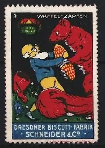 Reklamemarke Dresden, Dresdner Biscuit-Fabrik Schneider & Co, Waffelzapfen, roter Bär