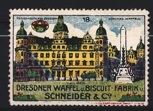 Reklamemarke Dresden, Dresdner Biscuit-Fabrik Schneider & Co, Schloss und Obelisk