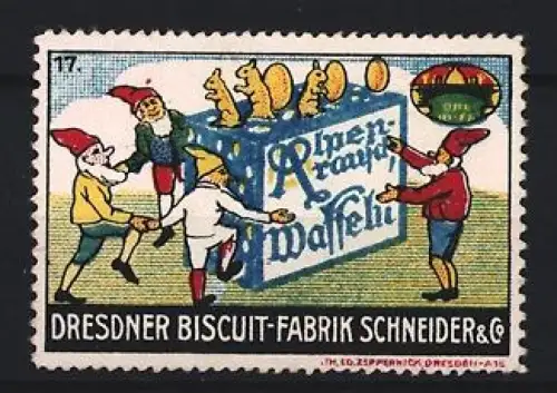 Reklamemarke Dresden, Dresdner Biscuit-Fabrik Schneider & Co, Alpenrausch Waffeln, Zwerge