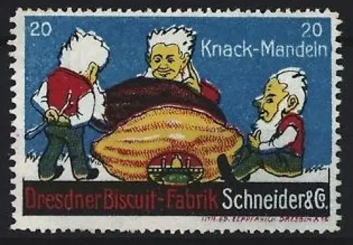 Reklamemarke Dresden, Dresdner Biscuit-Fabrik Schneider & Co, Knack-Mandeln, drei Wichtel mit Nuss