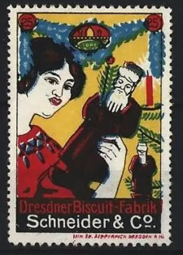 Reklamemarke Dresden, Dresdner Biscuit-Fabrik Schneider & Co., Frau mit Weihnachtsmann-Puppe