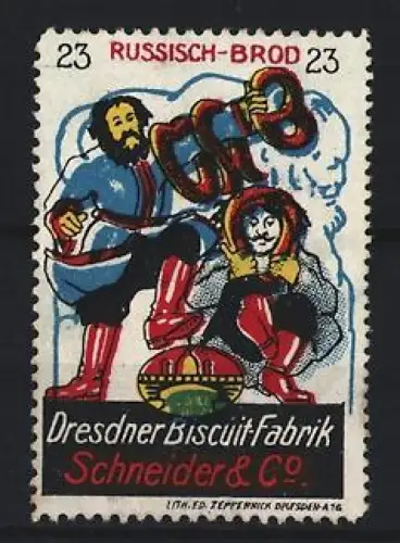 Reklamemarke Dresden, Dresdner Biscuit-Fabrik Schneider & Co, Russisch-Brod, Tänzer in traditionellen Kostümen