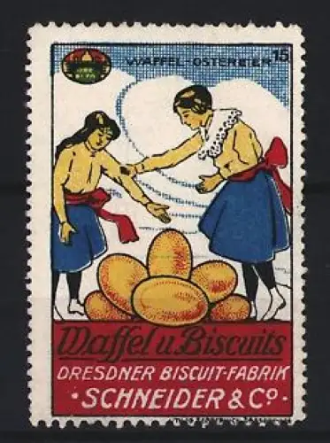 Reklamemarke Dresden, Dresdner Biscuit-Fabrik Schneider & Co, Waffel u. Biscuits, Personen mit Waffeln