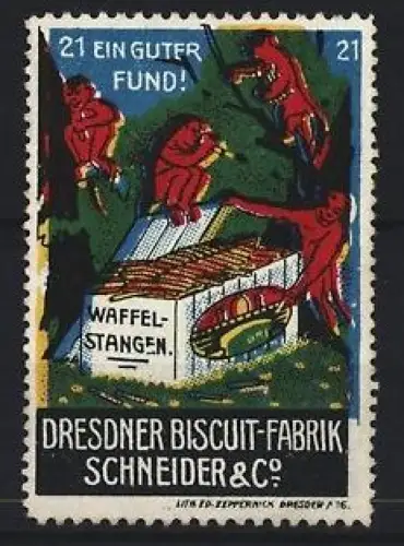 Reklamemarke Dresden, Dresdner Biscuit-Fabrik Schneider & Co., Waffelstangen und Teufel