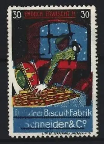 Reklamemarke Dresden, Dresdner Biscuit-Fabrik Schneider & Co, Endlich erwischt!!, Keksdieb mit Laterne