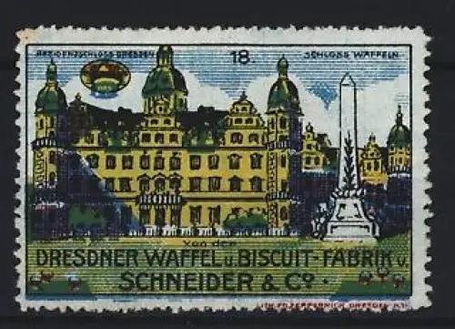 Reklamemarke Dresden, Dresdner Biscuit-Fabrik Schneider & Co, Stadtbild mit Gebäude und Obelisk