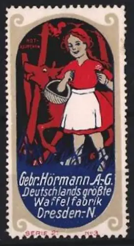 Reklamemarke Dresden, Gebr. Hörmann A.G., Deutschlands grösste Waffelfabrik, Mädchen mit Korb und Hund