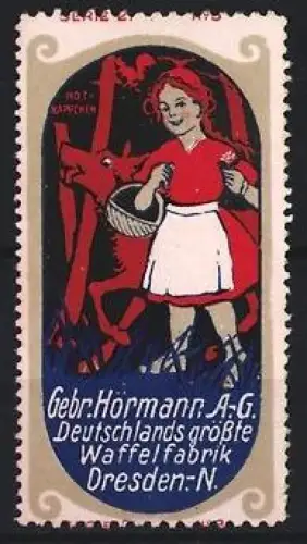 Reklamemarke Dresden, Gebr. Hörmann A.G., Deutschlands grösste Waffelfabrik, Rotkäppchen mit Wolf