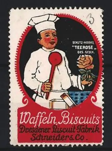 Reklamemarke Dresden, Dresdner Biscuit-Fabrik Schneider & Co, Waffeln Biscuits, Bäcker mit Rose