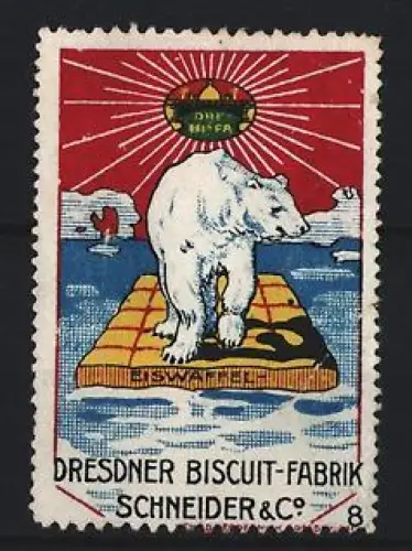 Reklamemarke Dresden, Dresdner Biscuit-Fabrik Schneider & Co., Eisbär auf Eiswaffel