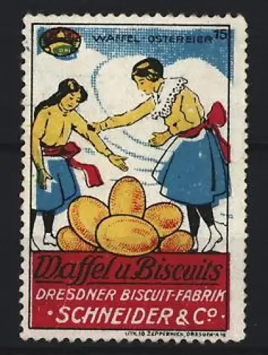 Reklamemarke Dresden, Dresdner Biscuit-Fabrik Schneider & Co., Waffeln u. Biscuits, Menschen mit Waffeln