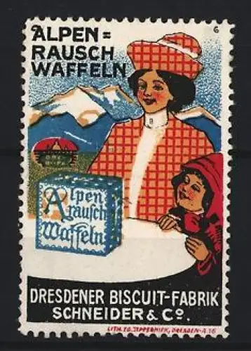 Reklamemarke Dresden, Dresdner Biscuit-Fabrik Schneider & Co., Alpenrausch Waffeln, Frau und Kind mit Geschenkbox