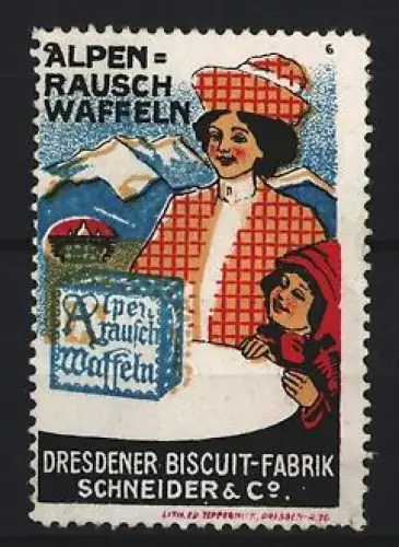 Reklamemarke Dresden, Dresdner Biscuit-Fabrik Schneider & Co., Alpenrausch Waffeln, Frau mit Kind und Alpen