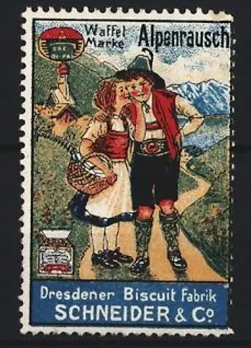 Reklamemarke Dresden, Dresdner Biscuit-Fabrik Schneider & Co., Alpenrausch Waffel Marke, Trachtenpaar in Berglandschaft