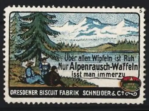 Reklamemarke Dresden, Dresdner Biscuit-Fabrik Schneider & Co., Alpenrausch-Waffeln, Alpenlandschaft und Picknickszene