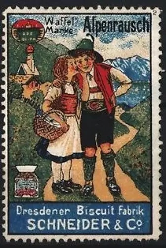 Reklamemarke Dresden, Dresdner Biscuit-Fabrik Schneider & Co., Alpenrausch Waffel Marke, Paar in Tracht
